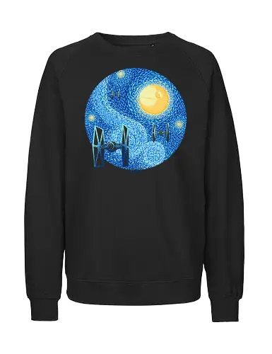 Starry Night Fighters Galactic Edition - starry night space art, famous painting parody, classical art mashup, cosmic night, space battle art, sci fi painting, starry sky art, post impressionist style, vintage space art, galaxy painting, cosmic art, spacecraft silhouette, space fighter, futuristic aircraft - Fairtrade Sweatshirt