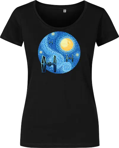 Starry Night Fighters Galactic Edition - starry night space art, famous painting parody, classical art mashup, cosmic night, space battle art, sci fi painting, starry sky art, post impressionist style, vintage space art, galaxy painting, cosmic art, spacecraft silhouette, space fighter, futuristic aircraft - Women T-Shirt