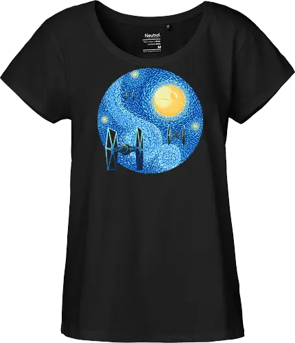 Starry Night Fighters Galactic Edition - starry night space art, famous painting parody, classical art mashup, cosmic night, space battle art, sci fi painting, starry sky art, post impressionist style, vintage space art, galaxy painting, cosmic art, spacecraft silhouette, space fighter, futuristic aircraft - Fairtrade Girl Shirt