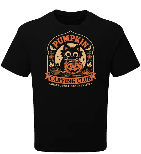 Pumpkin Carving Club - Black Cat - black cat, pumpkin, halloween, carving, jack o lantern, spooky season, october, autumn, fall, kittens, trick or treat, crafting, vintage - Oversize T-Shirt