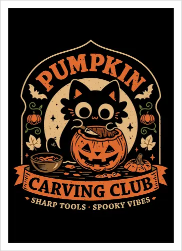 Pumpkin Carving Club - Black Cat - black cat, pumpkin, halloween, carving, jack o lantern, spooky season, october, autumn, fall, kittens, trick or treat, crafting, vintage - Artprint