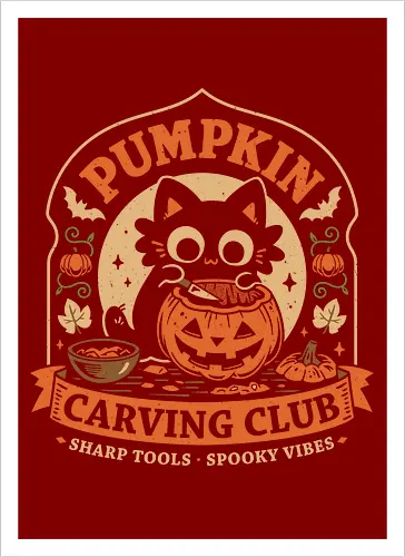 Pumpkin Carving Club - Black Cat - black cat, pumpkin, halloween, carving, jack o lantern, spooky season, october, autumn, fall, kittens, trick or treat, crafting, vintage - Artprint