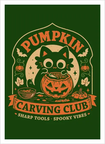 Pumpkin Carving Club - Black Cat - black cat, pumpkin, halloween, carving, jack o lantern, spooky season, october, autumn, fall, kittens, trick or treat, crafting, vintage - Artprint