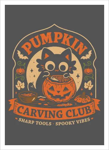 Pumpkin Carving Club - Black Cat - black cat, pumpkin, halloween, carving, jack o lantern, spooky season, october, autumn, fall, kittens, trick or treat, crafting, vintage - Artprint