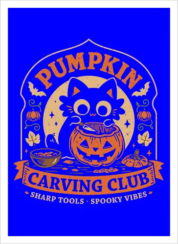 Pumpkin Carving Club - Black Cat - black cat, pumpkin, halloween, carving, jack o lantern, spooky season, october, autumn, fall, kittens, trick or treat, crafting, vintage - Artprint