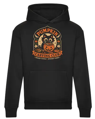 Pumpkin Carving Club - Black Cat - black cat, pumpkin, halloween, carving, jack o lantern, spooky season, october, autumn, fall, kittens, trick or treat, crafting, vintage - Heavyweight Hoodie