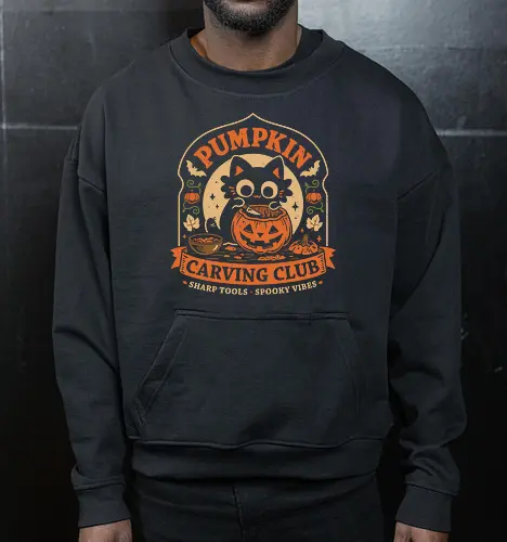 Pumpkin Carving Club - Black Cat - black cat, pumpkin, halloween, carving, jack o lantern, spooky season, october, autumn, fall, kittens, trick or treat, crafting, vintage - Cropped Sweatshirt