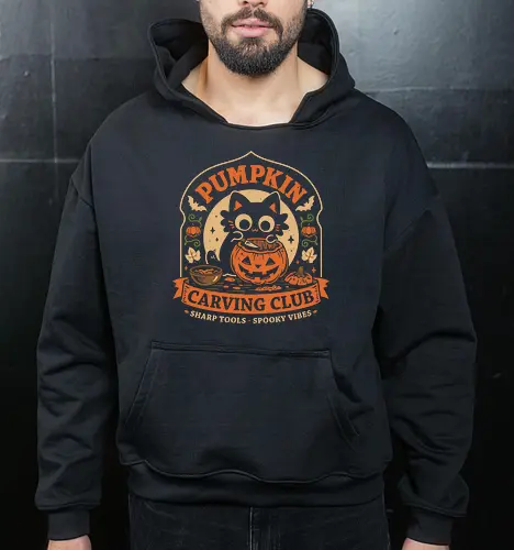 Pumpkin Carving Club - Black Cat - black cat, pumpkin, halloween, carving, jack o lantern, spooky season, october, autumn, fall, kittens, trick or treat, crafting, vintage - Cropped Hoodie