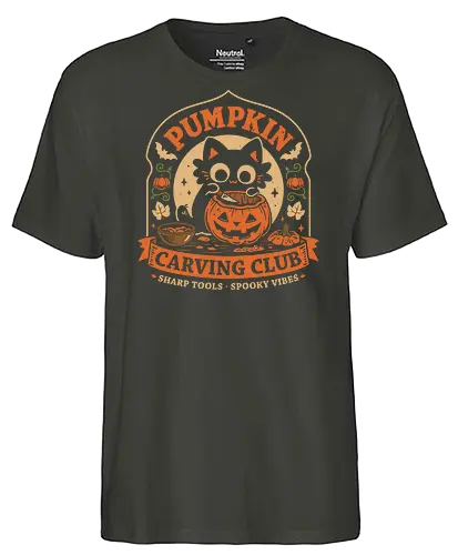Pumpkin Carving Club - Black Cat - black cat, pumpkin, halloween, carving, jack o lantern, spooky season, october, autumn, fall, kittens, trick or treat, crafting, vintage - Fairtrade T-Shirt