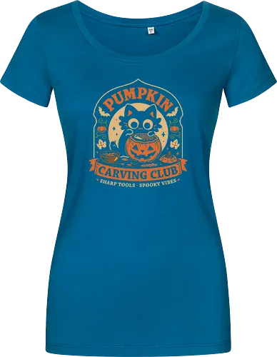 Pumpkin Carving Club - Black Cat - black cat, pumpkin, halloween, carving, jack o lantern, spooky season, october, autumn, fall, kittens, trick or treat, crafting, vintage - Women T-Shirt