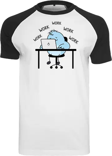Corporate Grind: The Tired Blue Blob - WFH fashion, funny work shirt, corporate burnout graphic tee, tired monster apparel, office humor streetwear, relatable student clothing, minimalist cartoon desk, lazy day aesthetic tee, remote worker gift, cute exhausted character - Raglan T-Shirt