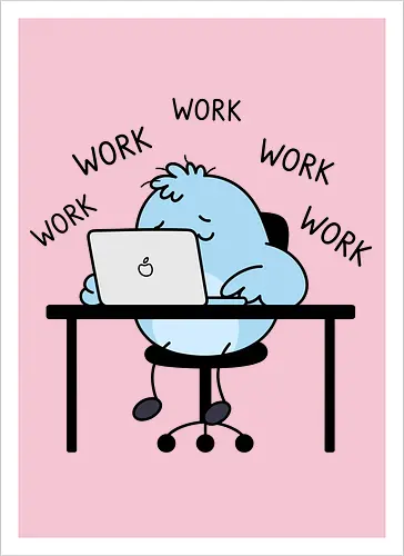 Corporate Grind: The Tired Blue Blob - WFH fashion, funny work shirt, corporate burnout graphic tee, tired monster apparel, office humor streetwear, relatable student clothing, minimalist cartoon desk, lazy day aesthetic tee, remote worker gift, cute exhausted character - Artprint