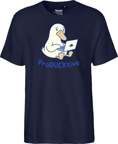 ProDUCKtive: The Stressed Worker - proDUCKtive pun graphic, relatable work apparel, tired student clothing, WFH aesthetic streetwear, cute animal meme tee, minimalist laptop duck design, funny duck shirt, office humor fashion, stressed out merch, funny programmer shirt - Fairtrade T-Shirt