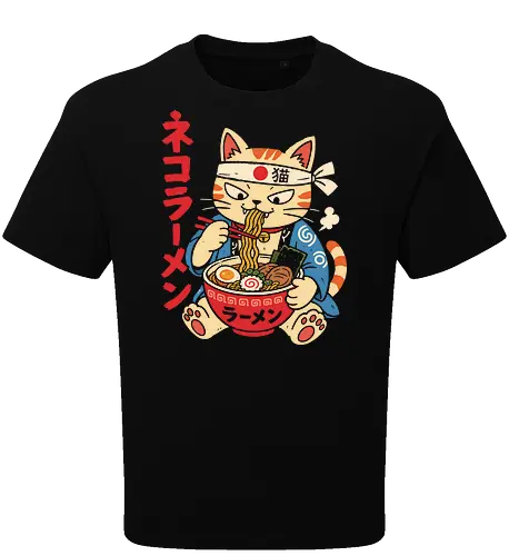 Neko Ramen: The Hungry Chef Cat - slurp noodles design, Japanese ramen shirt, neko cat graphic tee, kawaii anime food apparel, retro Japanese streetwear, sushi chef cat clothing, otaku foodie fashion, vintage linocut aesthetic, cute animal anime shirt, Japanese text graphic tee - Oversize T-Shirt