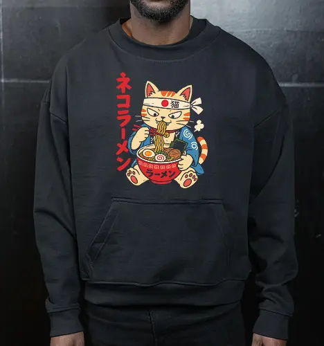 Neko Ramen: The Hungry Chef Cat - slurp noodles design, Japanese ramen shirt, neko cat graphic tee, kawaii anime food apparel, retro Japanese streetwear, sushi chef cat clothing, otaku foodie fashion, vintage linocut aesthetic, cute animal anime shirt, Japanese text graphic tee - Cropped Sweatshirt