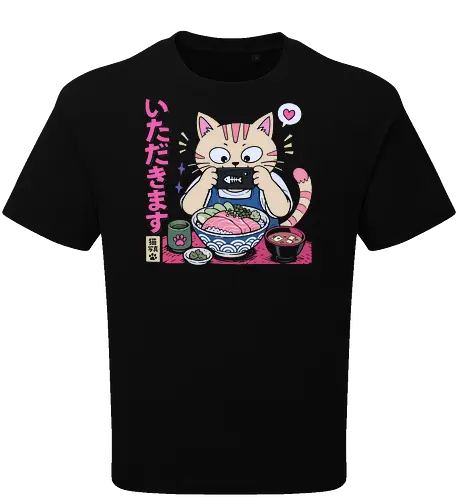 Itadakimasu: The Foodie Cat - Japanese sushi shirt, foodie cat graphic tee, kawaii anime food apparel, Itadakimasu streetwear, cute neko clothing, retro Japanese pop art, aesthetic pastel animal design, otaku foodie fashion, vintage linocut graphic, funny cat meme shirt - Oversize T-Shirt