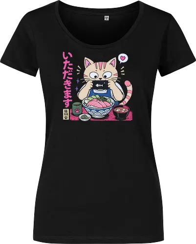 Itadakimasu: The Foodie Cat - Japanese sushi shirt, foodie cat graphic tee, kawaii anime food apparel, Itadakimasu streetwear, cute neko clothing, retro Japanese pop art, aesthetic pastel animal design, otaku foodie fashion, vintage linocut graphic, funny cat meme shirt - Women T-Shirt