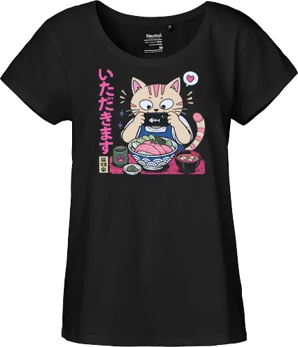 Itadakimasu: The Foodie Cat - Japanese sushi shirt, foodie cat graphic tee, kawaii anime food apparel, Itadakimasu streetwear, cute neko clothing, retro Japanese pop art, aesthetic pastel animal design, otaku foodie fashion, vintage linocut graphic, funny cat meme shirt - Fairtrade Girl Shirt