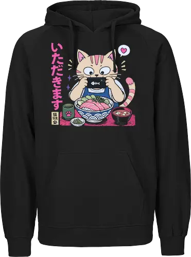 Itadakimasu: The Foodie Cat - Japanese sushi shirt, foodie cat graphic tee, kawaii anime food apparel, Itadakimasu streetwear, cute neko clothing, retro Japanese pop art, aesthetic pastel animal design, otaku foodie fashion, vintage linocut graphic, funny cat meme shirt - Fairtrade Hoodie