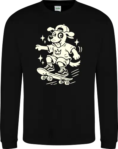 Skater Pup: The Retro Kickflip - skater dog shirt, retro cartoon graphic tee, vintage skateboard apparel, 90s skate culture clothing, rubber hose animation design, minimalist black and white fashion, funny animal skate tee, nostalgic cartoon character, aesthetic indie streetwear, cool puppy merch - Sweatshirt