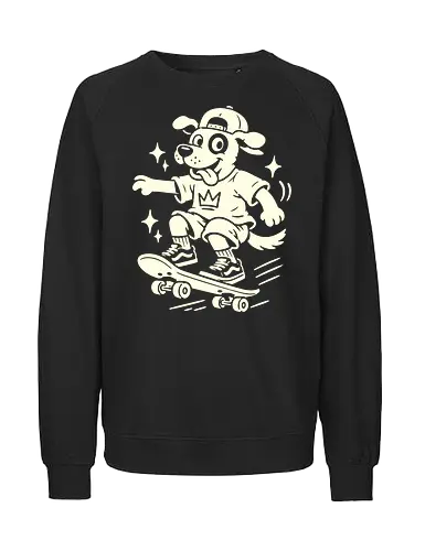 Skater Pup: The Retro Kickflip - skater dog shirt, retro cartoon graphic tee, vintage skateboard apparel, 90s skate culture clothing, rubber hose animation design, minimalist black and white fashion, funny animal skate tee, nostalgic cartoon character, aesthetic indie streetwear, cool puppy merch - Fairtrade Sweatshirt
