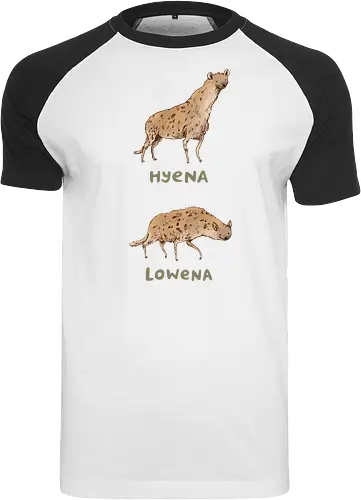 Zwei Hyänen Gegensätzliche Haltungen Groß Klein Wortspiel - Wildtier Humor, intelligenter Tier Humor, zwei Hyänen gegensätzliche Haltungen, große stolze Hyäne, flache niedrige Hyäne, tierisches Wortspiel, künstlerische Hyäne Illustration, handgefertigte Tier Skizze, goldene gefleckte Hyäne, olivgrüne Typografie, Tier Humor Druck, Hyäne Liebhaber Geschenk, Tier Wortspiel Shirt, afrikanische Savanne Hyäne, vergleichende Tier Kunst - Raglan T-Shirt
