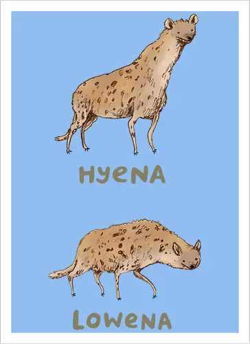 Zwei Hyänen Gegensätzliche Haltungen Groß Klein Wortspiel - Wildtier Humor, intelligenter Tier Humor, zwei Hyänen gegensätzliche Haltungen, große stolze Hyäne, flache niedrige Hyäne, tierisches Wortspiel, künstlerische Hyäne Illustration, handgefertigte Tier Skizze, goldene gefleckte Hyäne, olivgrüne Typografie, Tier Humor Druck, Hyäne Liebhaber Geschenk, Tier Wortspiel Shirt, afrikanische Savanne Hyäne, vergleichende Tier Kunst - Artprint
