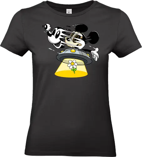 Freaky Alien Maus in UFO - Cartoon Horror Sci-Fi Art - freaky Alien Maus Art, Cartoon Horror Sci-Fi Shirt, Maus UFO dunkles Shirt, Horror Cartoon fliegende Untertasse, Skelett Maus Sci-Fi Art, dunkles rotes Pop Art, alternativer freaky Maus UFO, verrückte Cartoon Sci-Fi Mode, Maus Entführung Blume Art, Underground dunkles Geek Sci-Fi, Horror Nostalgie Cartoon, Punk Maus UFO Cartoon, alternative Sci-Fi Shirt, dunkle Retro Maus Art, chaotischer roter Cartoon Sci-Fi - Standard T-Shirt (Women)