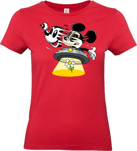 Freaky Alien Maus in UFO - Cartoon Horror Sci-Fi Art - freaky Alien Maus Art, Cartoon Horror Sci-Fi Shirt, Maus UFO dunkles Shirt, Horror Cartoon fliegende Untertasse, Skelett Maus Sci-Fi Art, dunkles rotes Pop Art, alternativer freaky Maus UFO, verrückte Cartoon Sci-Fi Mode, Maus Entführung Blume Art, Underground dunkles Geek Sci-Fi, Horror Nostalgie Cartoon, Punk Maus UFO Cartoon, alternative Sci-Fi Shirt, dunkle Retro Maus Art, chaotischer roter Cartoon Sci-Fi - Standard T-Shirt (Women)