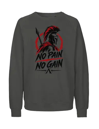 Spartan Discipline – No Pain No Gain - martial arts, fighter, ancient warrior, greek warrior, helmet, spartan, spartaner, no pain no gain, warrior, warrior spirit, discipline, strength, motivation, gym, fitness, bodybuilding, workout, training, spear, battle, courage, power, mindset, determination, toughness, streetwear, gym shirt, fitness shirt, motivational shirt, distressed design, red black, hand drawn, warrior aesthetic - Fairtrade Sweatshirt