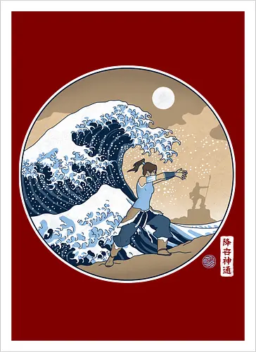 Kriegerin Beherrscht Riesenwelle Unter Vollmond - Ahnenstatue, raue See, Silhouette im Hintergrund, erdige Töne, orientalische Illustration, Naturgewalt, entschlossene Kriegerin, spirituelles Erbe, Wasserkriegerin, riesige Welle, klassische japanische Kunst, Vollmond, Ukiyo-e-Stil, elementare Kraft, Wasserkontrolle - Artprint
