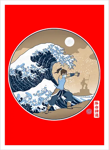 Kriegerin Beherrscht Riesenwelle Unter Vollmond - Ahnenstatue, raue See, Silhouette im Hintergrund, erdige Töne, orientalische Illustration, Naturgewalt, entschlossene Kriegerin, spirituelles Erbe, Wasserkriegerin, riesige Welle, klassische japanische Kunst, Vollmond, Ukiyo-e-Stil, elementare Kraft, Wasserkontrolle - Artprint