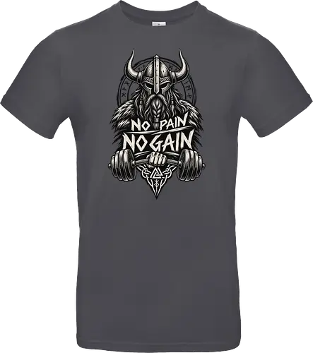Viking Iron – No Pain No Gain - viking, vikings, viking warrior, hand drawn, ink drawing, distressed, black and white, fitness shirt, gym shirt, workout shirt, streetwear, motivational shirt, norse, nordic, norse warrior, viking fitness, viking gym, no pain no gain, warrior spirit, strength, discipline, motivation, gym, fitness, bodybuilding, weightlifting, workout, training, barbell, dumbbell, power, muscle, determination, toughness, warrior mindset, nordic design, scandinavian, norse mythology, helmet, beard, runes - Standard T-Shirt