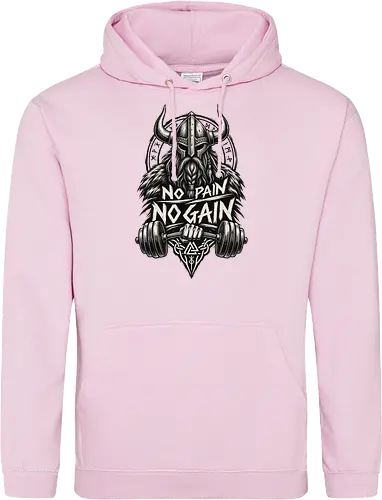 Viking Iron – No Pain No Gain - viking, vikings, viking warrior, hand drawn, ink drawing, distressed, black and white, fitness shirt, gym shirt, workout shirt, streetwear, motivational shirt, norse, nordic, norse warrior, viking fitness, viking gym, no pain no gain, warrior spirit, strength, discipline, motivation, gym, fitness, bodybuilding, weightlifting, workout, training, barbell, dumbbell, power, muscle, determination, toughness, warrior mindset, nordic design, scandinavian, norse mythology, helmet, beard, runes - Standard Hoodie