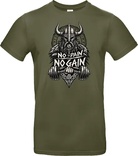 Viking Iron – No Pain No Gain - viking, vikings, viking warrior, hand drawn, ink drawing, distressed, black and white, fitness shirt, gym shirt, workout shirt, streetwear, motivational shirt, norse, nordic, norse warrior, viking fitness, viking gym, no pain no gain, warrior spirit, strength, discipline, motivation, gym, fitness, bodybuilding, weightlifting, workout, training, barbell, dumbbell, power, muscle, determination, toughness, warrior mindset, nordic design, scandinavian, norse mythology, helmet, beard, runes - Standard T-Shirt