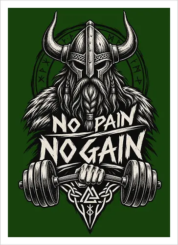 Viking Iron – No Pain No Gain - viking, vikings, viking warrior, hand drawn, ink drawing, distressed, black and white, fitness shirt, gym shirt, workout shirt, streetwear, motivational shirt, norse, nordic, norse warrior, viking fitness, viking gym, no pain no gain, warrior spirit, strength, discipline, motivation, gym, fitness, bodybuilding, weightlifting, workout, training, barbell, dumbbell, power, muscle, determination, toughness, warrior mindset, nordic design, scandinavian, norse mythology, helmet, beard, runes - Artprint