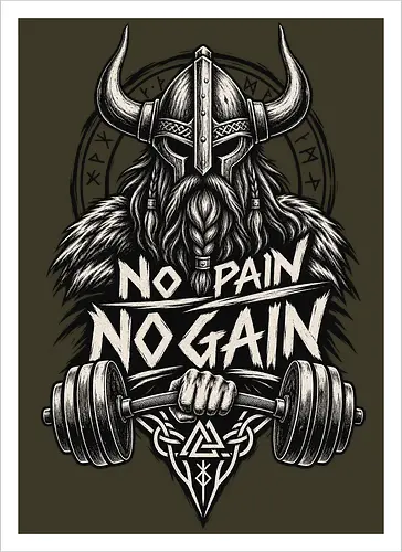 Viking Iron – No Pain No Gain - viking, vikings, viking warrior, hand drawn, ink drawing, distressed, black and white, fitness shirt, gym shirt, workout shirt, streetwear, motivational shirt, norse, nordic, norse warrior, viking fitness, viking gym, no pain no gain, warrior spirit, strength, discipline, motivation, gym, fitness, bodybuilding, weightlifting, workout, training, barbell, dumbbell, power, muscle, determination, toughness, warrior mindset, nordic design, scandinavian, norse mythology, helmet, beard, runes - Artprint