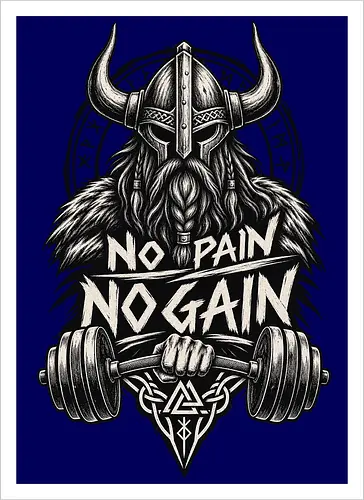 Viking Iron – No Pain No Gain - viking, vikings, viking warrior, hand drawn, ink drawing, distressed, black and white, fitness shirt, gym shirt, workout shirt, streetwear, motivational shirt, norse, nordic, norse warrior, viking fitness, viking gym, no pain no gain, warrior spirit, strength, discipline, motivation, gym, fitness, bodybuilding, weightlifting, workout, training, barbell, dumbbell, power, muscle, determination, toughness, warrior mindset, nordic design, scandinavian, norse mythology, helmet, beard, runes - Artprint