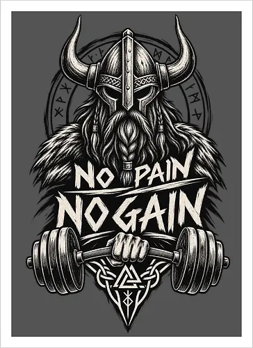 Viking Iron – No Pain No Gain - viking, vikings, viking warrior, hand drawn, ink drawing, distressed, black and white, fitness shirt, gym shirt, workout shirt, streetwear, motivational shirt, norse, nordic, norse warrior, viking fitness, viking gym, no pain no gain, warrior spirit, strength, discipline, motivation, gym, fitness, bodybuilding, weightlifting, workout, training, barbell, dumbbell, power, muscle, determination, toughness, warrior mindset, nordic design, scandinavian, norse mythology, helmet, beard, runes - Artprint