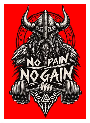 Viking Iron – No Pain No Gain - viking, vikings, viking warrior, hand drawn, ink drawing, distressed, black and white, fitness shirt, gym shirt, workout shirt, streetwear, motivational shirt, norse, nordic, norse warrior, viking fitness, viking gym, no pain no gain, warrior spirit, strength, discipline, motivation, gym, fitness, bodybuilding, weightlifting, workout, training, barbell, dumbbell, power, muscle, determination, toughness, warrior mindset, nordic design, scandinavian, norse mythology, helmet, beard, runes - Artprint