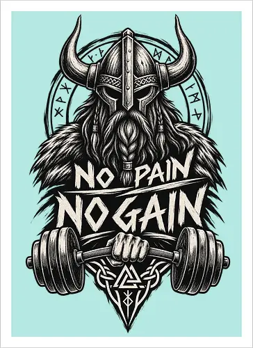 Viking Iron – No Pain No Gain - viking, vikings, viking warrior, hand drawn, ink drawing, distressed, black and white, fitness shirt, gym shirt, workout shirt, streetwear, motivational shirt, norse, nordic, norse warrior, viking fitness, viking gym, no pain no gain, warrior spirit, strength, discipline, motivation, gym, fitness, bodybuilding, weightlifting, workout, training, barbell, dumbbell, power, muscle, determination, toughness, warrior mindset, nordic design, scandinavian, norse mythology, helmet, beard, runes - Artprint