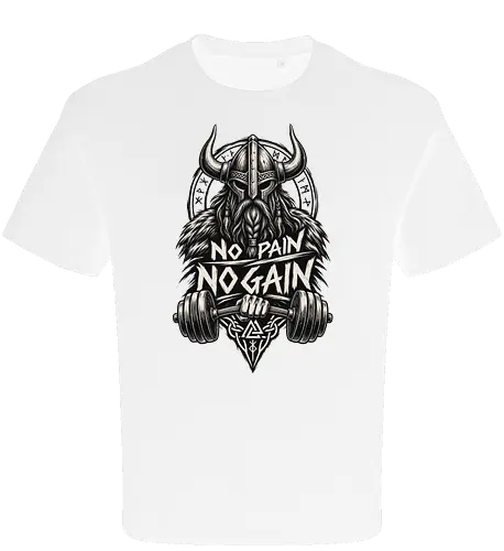 Viking Iron – No Pain No Gain - viking, vikings, viking warrior, hand drawn, ink drawing, distressed, black and white, fitness shirt, gym shirt, workout shirt, streetwear, motivational shirt, norse, nordic, norse warrior, viking fitness, viking gym, no pain no gain, warrior spirit, strength, discipline, motivation, gym, fitness, bodybuilding, weightlifting, workout, training, barbell, dumbbell, power, muscle, determination, toughness, warrior mindset, nordic design, scandinavian, norse mythology, helmet, beard, runes - Oversize T-Shirt