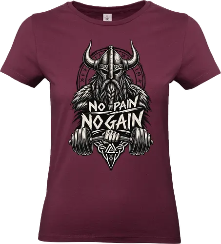 Viking Iron – No Pain No Gain - viking, vikings, viking warrior, hand drawn, ink drawing, distressed, black and white, fitness shirt, gym shirt, workout shirt, streetwear, motivational shirt, norse, nordic, norse warrior, viking fitness, viking gym, no pain no gain, warrior spirit, strength, discipline, motivation, gym, fitness, bodybuilding, weightlifting, workout, training, barbell, dumbbell, power, muscle, determination, toughness, warrior mindset, nordic design, scandinavian, norse mythology, helmet, beard, runes - Standard T-Shirt (Women)