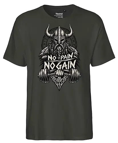 Viking Iron – No Pain No Gain - viking, vikings, viking warrior, hand drawn, ink drawing, distressed, black and white, fitness shirt, gym shirt, workout shirt, streetwear, motivational shirt, norse, nordic, norse warrior, viking fitness, viking gym, no pain no gain, warrior spirit, strength, discipline, motivation, gym, fitness, bodybuilding, weightlifting, workout, training, barbell, dumbbell, power, muscle, determination, toughness, warrior mindset, nordic design, scandinavian, norse mythology, helmet, beard, runes - Fairtrade T-Shirt
