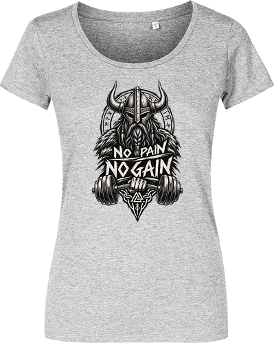 Viking Iron – No Pain No Gain - viking, vikings, viking warrior, hand drawn, ink drawing, distressed, black and white, fitness shirt, gym shirt, workout shirt, streetwear, motivational shirt, norse, nordic, norse warrior, viking fitness, viking gym, no pain no gain, warrior spirit, strength, discipline, motivation, gym, fitness, bodybuilding, weightlifting, workout, training, barbell, dumbbell, power, muscle, determination, toughness, warrior mindset, nordic design, scandinavian, norse mythology, helmet, beard, runes - Women T-Shirt