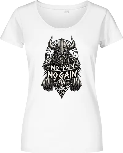 Viking Iron – No Pain No Gain - viking, vikings, viking warrior, hand drawn, ink drawing, distressed, black and white, fitness shirt, gym shirt, workout shirt, streetwear, motivational shirt, norse, nordic, norse warrior, viking fitness, viking gym, no pain no gain, warrior spirit, strength, discipline, motivation, gym, fitness, bodybuilding, weightlifting, workout, training, barbell, dumbbell, power, muscle, determination, toughness, warrior mindset, nordic design, scandinavian, norse mythology, helmet, beard, runes - Women T-Shirt