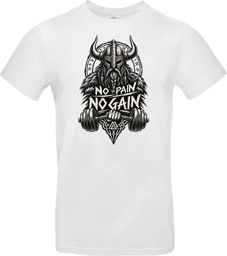 Viking Iron – No Pain No Gain - viking, vikings, viking warrior, hand drawn, ink drawing, distressed, black and white, fitness shirt, gym shirt, workout shirt, streetwear, motivational shirt, norse, nordic, norse warrior, viking fitness, viking gym, no pain no gain, warrior spirit, strength, discipline, motivation, gym, fitness, bodybuilding, weightlifting, workout, training, barbell, dumbbell, power, muscle, determination, toughness, warrior mindset, nordic design, scandinavian, norse mythology, helmet, beard, runes - Standard T-Shirt