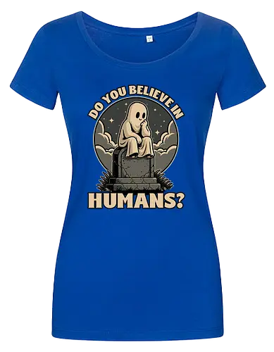Ghost Believe in Humans - Graveyard, Tombstones, Tombstone, Ghost, I Believe, Believe, Humans, Human, Humanity, Creepy, Scary, Creepy Cute, Scary Cute, Spooky Season, Spooky, Spooky Cute, Spooky Art, Spooky Halloween, Spooky Cartoon, Halloween Vibes, Halloween, Halloween Season Art, Fun, Funny, Cute, Creature - Women T-Shirt