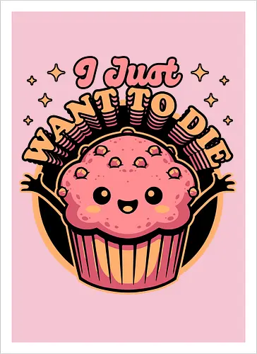 Muffin Dark Humor - Muffin, Die, Death, Dark, Dark Comedy, Dark Humor, Darkness, Cute, Adorable, Fast Food, Food, Junk Food, Cake, Cupcakes, Cupcake, Snacks, Snack, Snack Time, Snacking, Dessert, Irony, Sarcasm, Sarcastic, Sarcastic Art, Sarcastic Humor, Jokes, Joke, Healthy, Smile, Happy, Sadness, Sad, Happiness, Depressed, Depression - Artprint