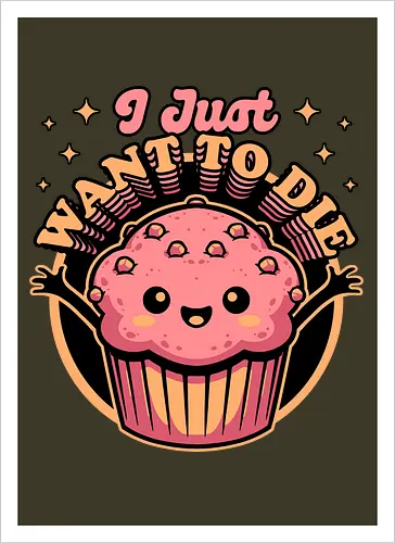 Muffin Dark Humor - Muffin, Die, Death, Dark, Dark Comedy, Dark Humor, Darkness, Cute, Adorable, Fast Food, Food, Junk Food, Cake, Cupcakes, Cupcake, Snacks, Snack, Snack Time, Snacking, Dessert, Irony, Sarcasm, Sarcastic, Sarcastic Art, Sarcastic Humor, Jokes, Joke, Healthy, Smile, Happy, Sadness, Sad, Happiness, Depressed, Depression - Artprint